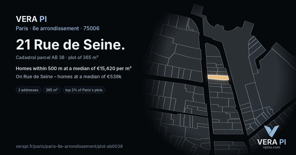 21 Rue de Seine, 6e arrondissement at night – the plot lit, the parcels around coloured by the prices near them