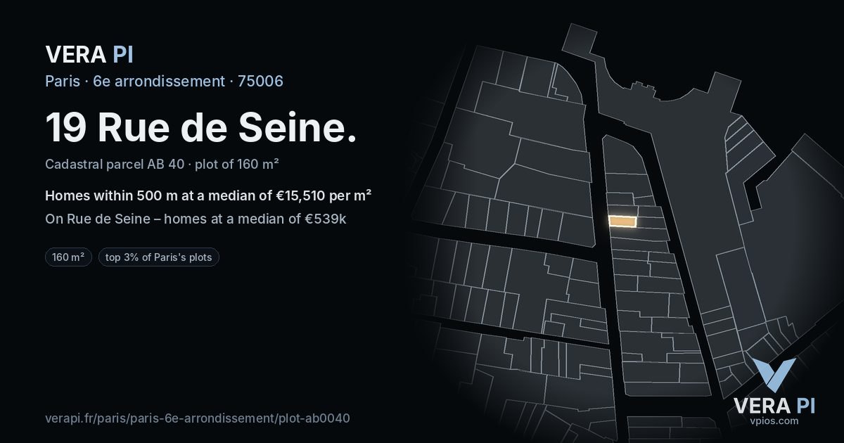 19 Rue de Seine, 6e arrondissement at night – the plot lit, the parcels around coloured by the prices near them