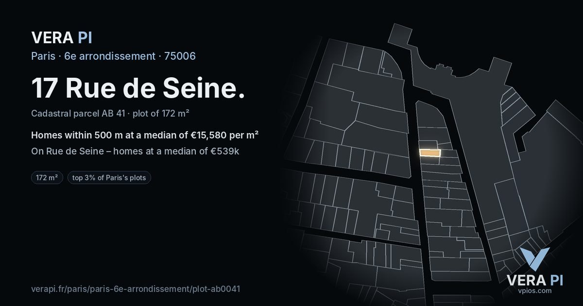 17 Rue de Seine, 6e arrondissement at night – the plot lit, the parcels around coloured by the prices near them