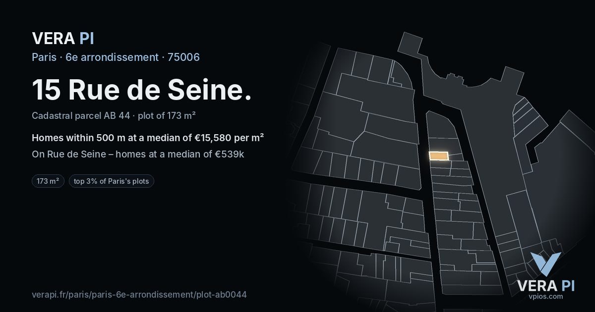 15 Rue de Seine, 6e arrondissement at night – the plot lit, the parcels around coloured by the prices near them