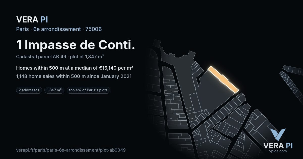 1 Impasse de Conti, 6e arrondissement at night – the plot lit, the parcels around coloured by the prices near them