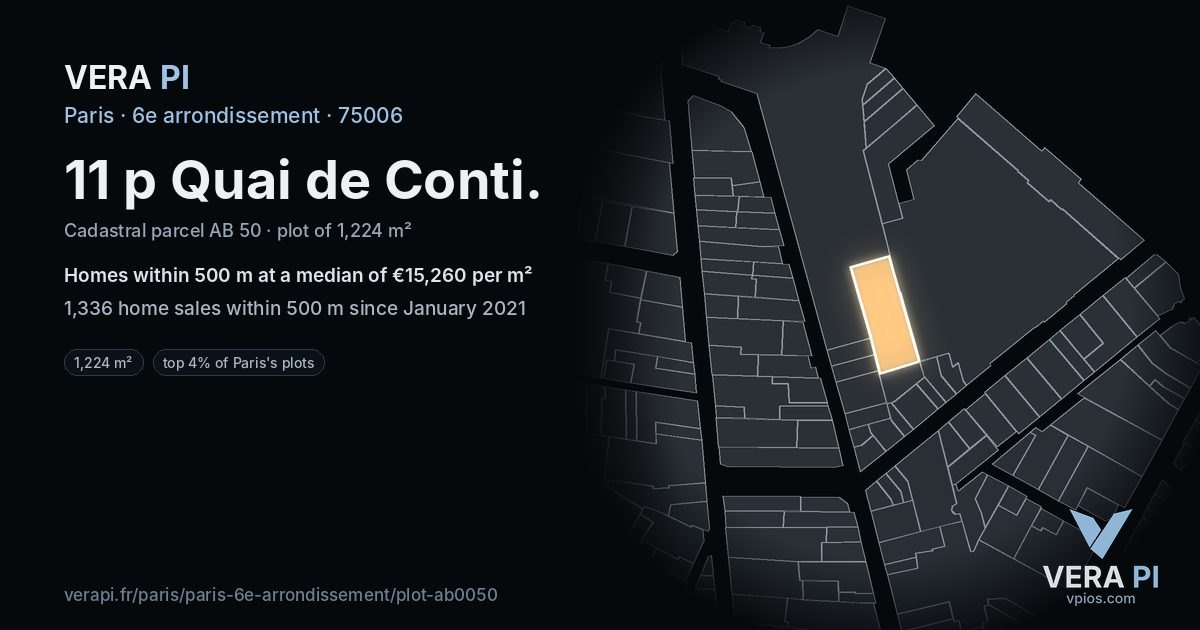 11 p Quai de Conti, 6e arrondissement at night – the plot lit, the parcels around coloured by the prices near them