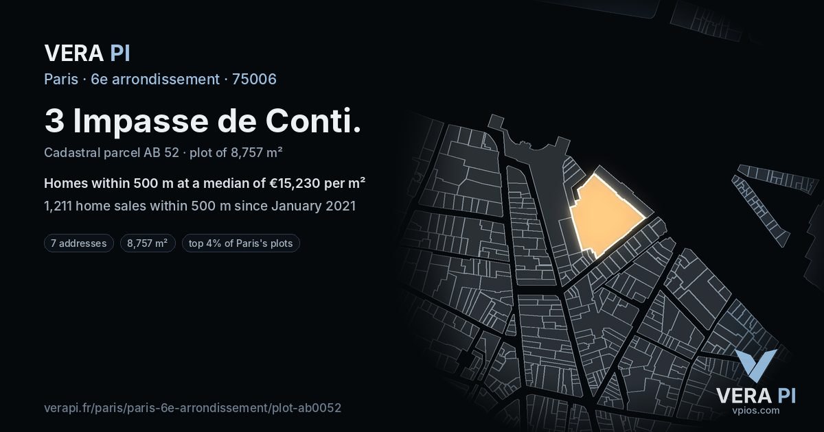 3 Impasse de Conti, 6e arrondissement at night – the plot lit, the parcels around coloured by the prices near them