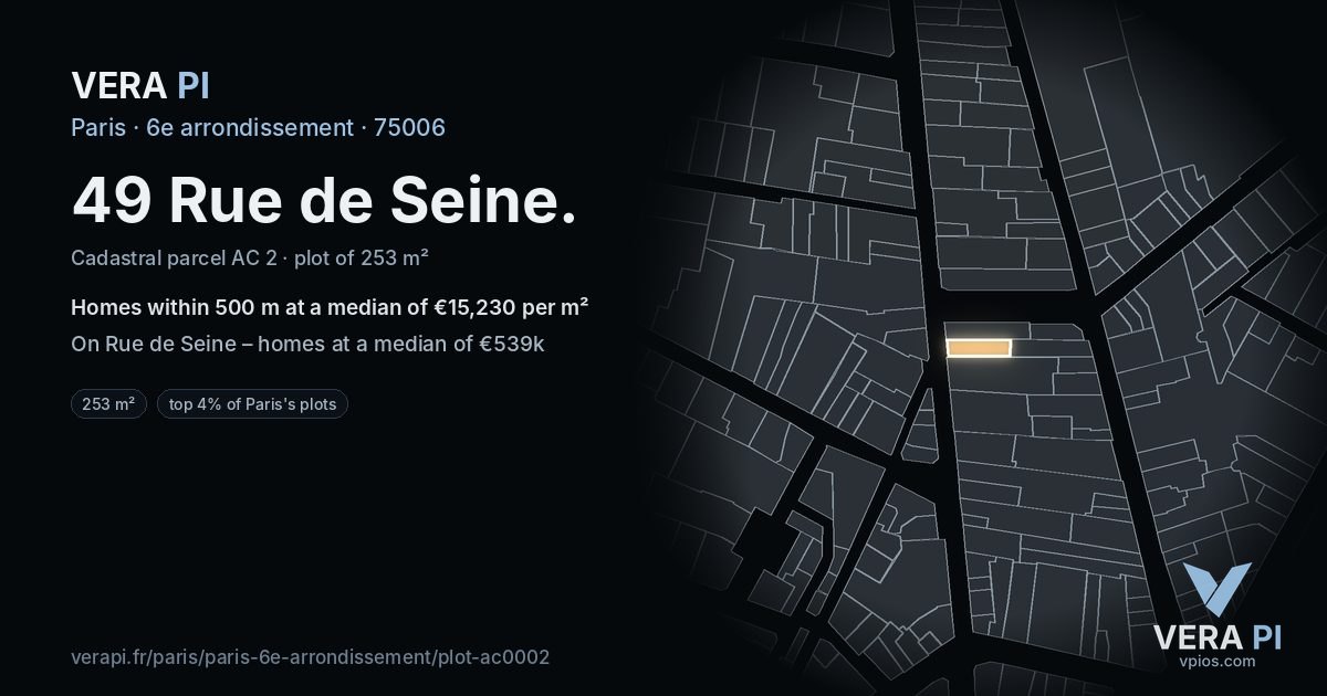 49 Rue de Seine, 6e arrondissement at night – the plot lit, the parcels around coloured by the prices near them