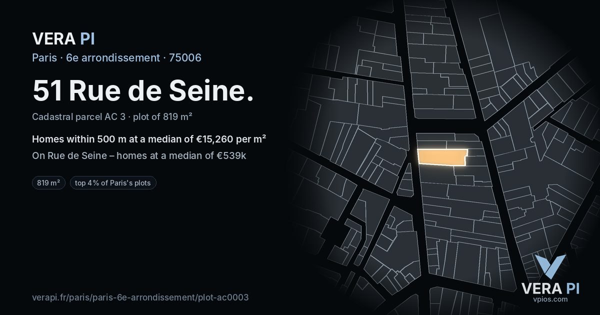 51 Rue de Seine, 6e arrondissement at night – the plot lit, the parcels around coloured by the prices near them