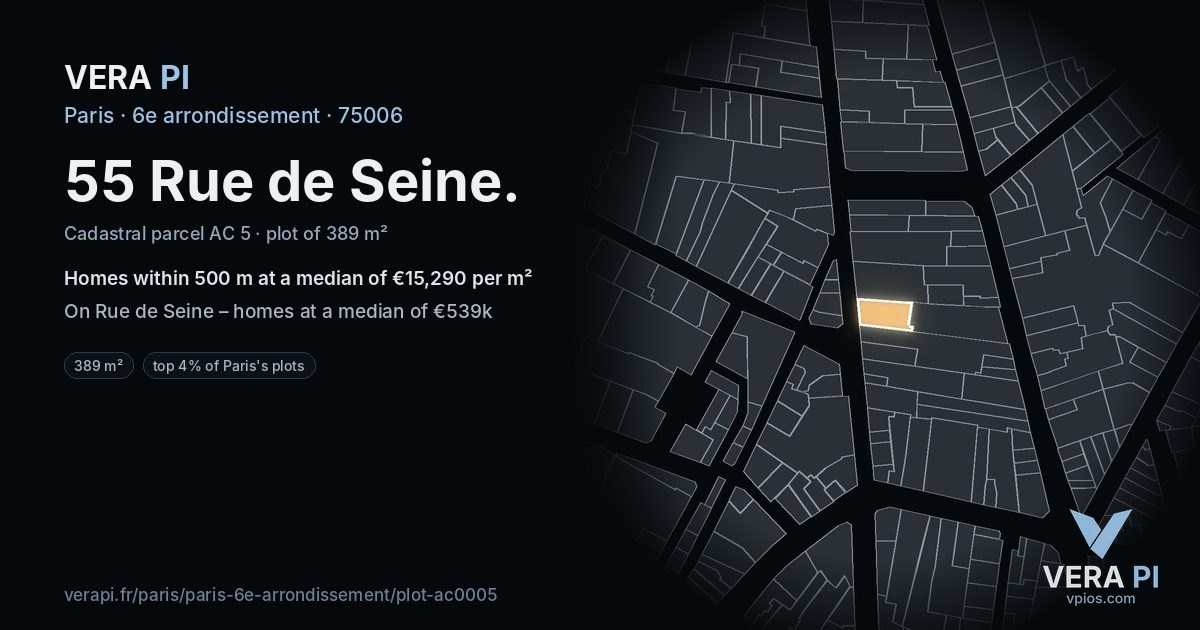 55 Rue de Seine, 6e arrondissement at night – the plot lit, the parcels around coloured by the prices near them