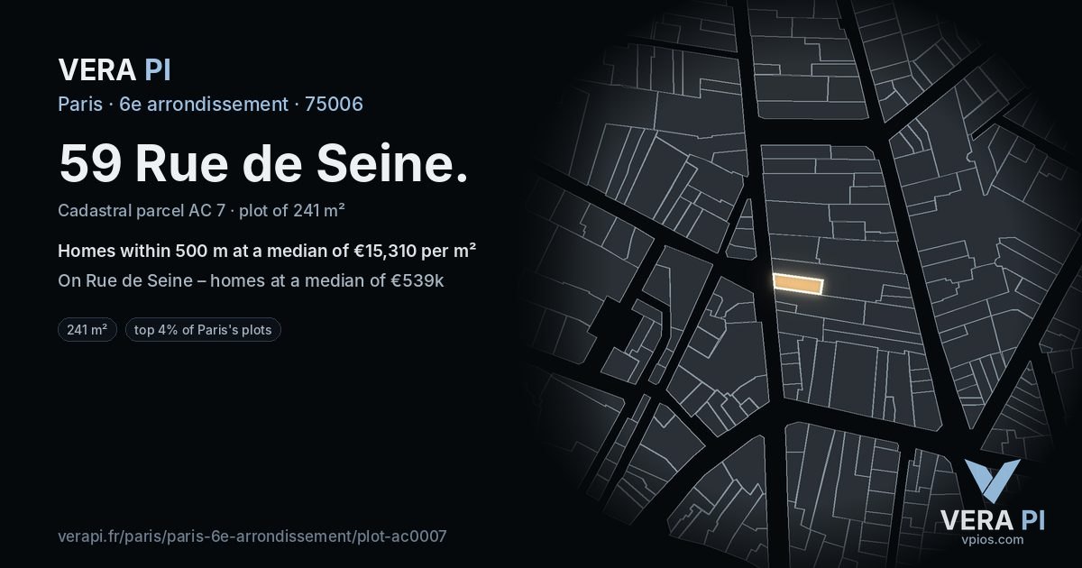 59 Rue de Seine, 6e arrondissement at night – the plot lit, the parcels around coloured by the prices near them