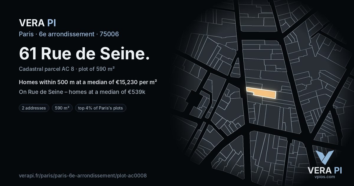 61 Rue de Seine, 6e arrondissement at night – the plot lit, the parcels around coloured by the prices near them