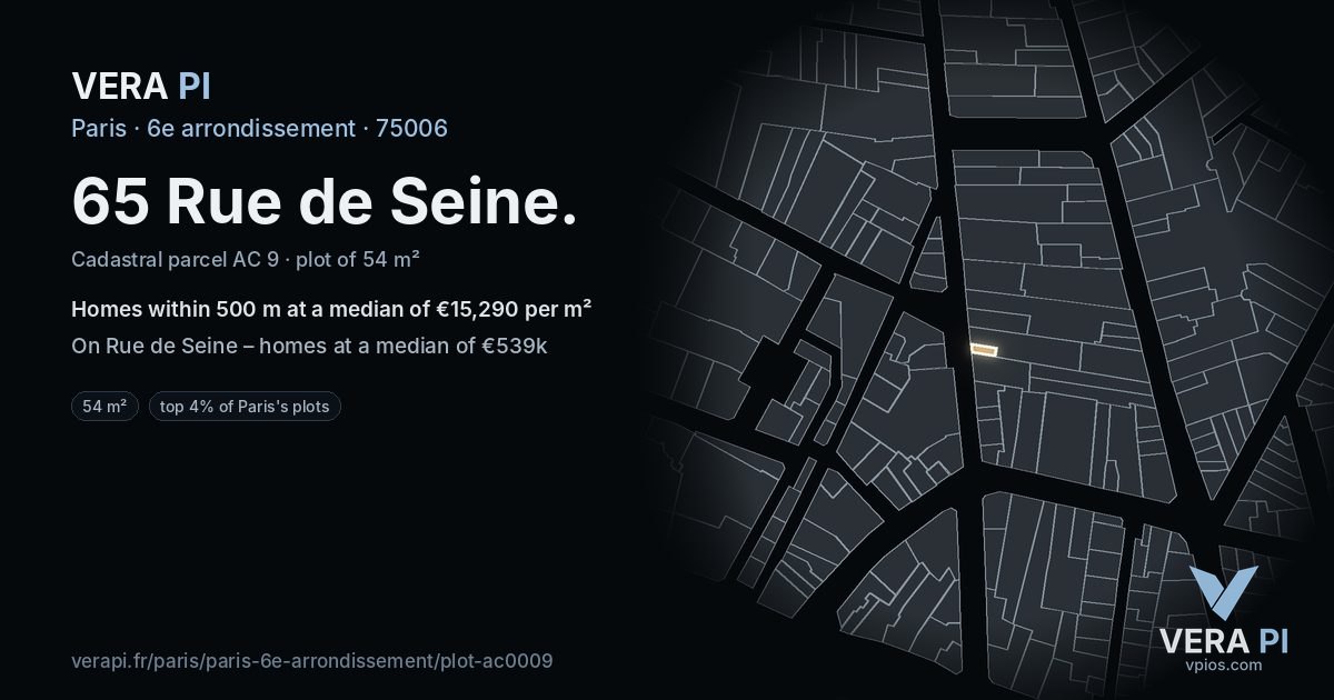 65 Rue de Seine, 6e arrondissement at night – the plot lit, the parcels around coloured by the prices near them