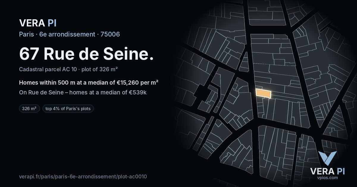 67 Rue de Seine, 6e arrondissement at night – the plot lit, the parcels around coloured by the prices near them