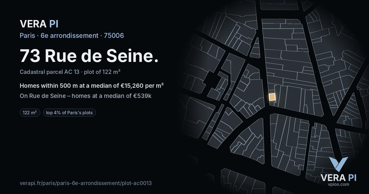 73 Rue de Seine, 6e arrondissement at night – the plot lit, the parcels around coloured by the prices near them