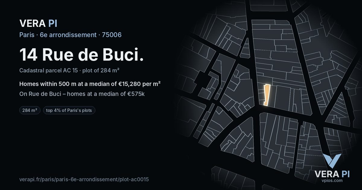 14 Rue de Buci, 6e arrondissement at night – the plot lit, the parcels around coloured by the prices near them