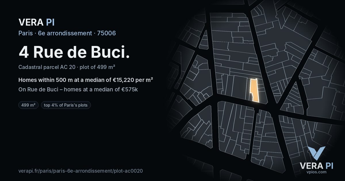 4 Rue de Buci, 6e arrondissement at night – the plot lit, the parcels around coloured by the prices near them