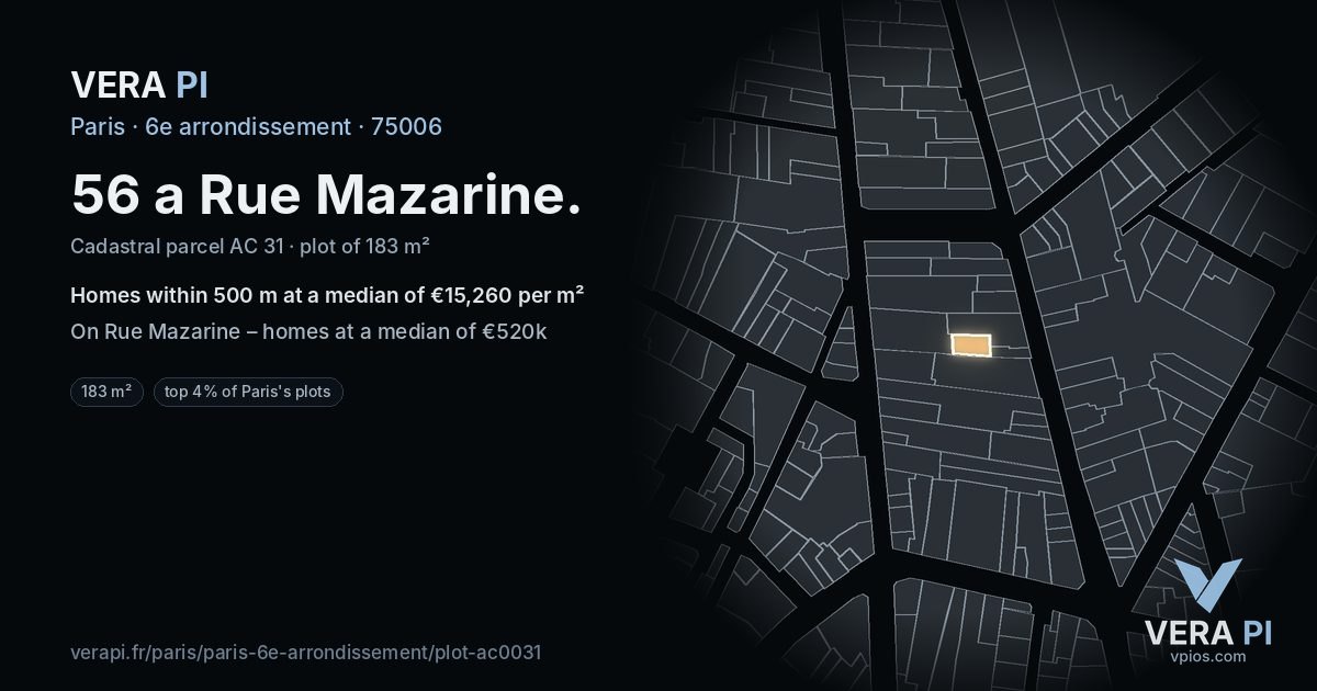56 a Rue Mazarine, 6e arrondissement at night – the plot lit, the parcels around coloured by the prices near them