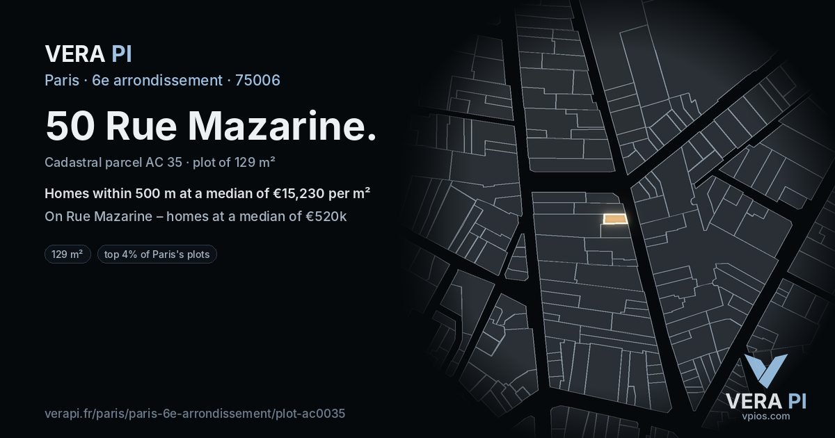 50 Rue Mazarine, 6e arrondissement at night – the plot lit, the parcels around coloured by the prices near them