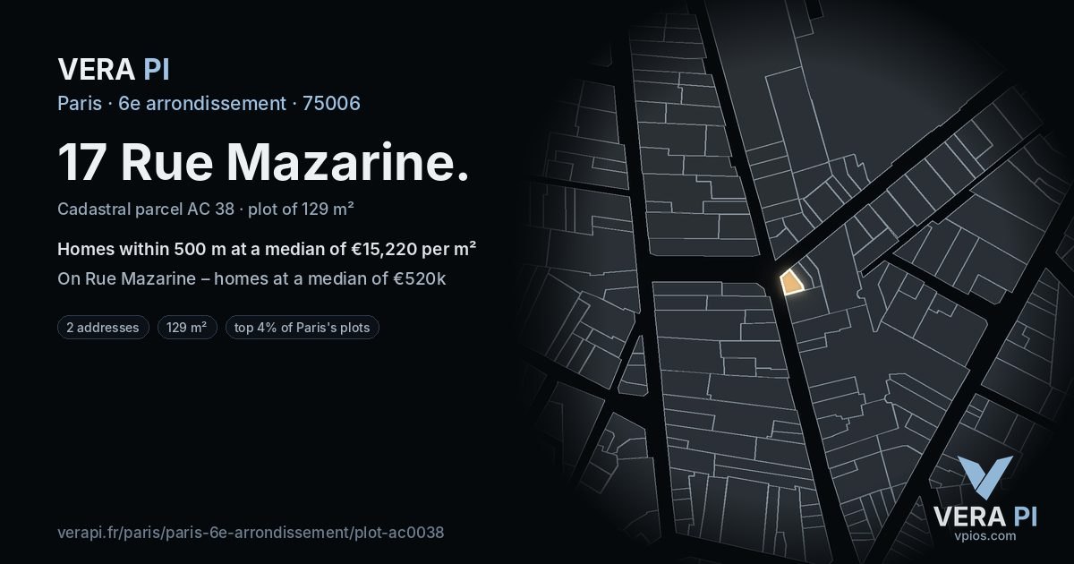 17 Rue Mazarine, 6e arrondissement at night – the plot lit, the parcels around coloured by the prices near them
