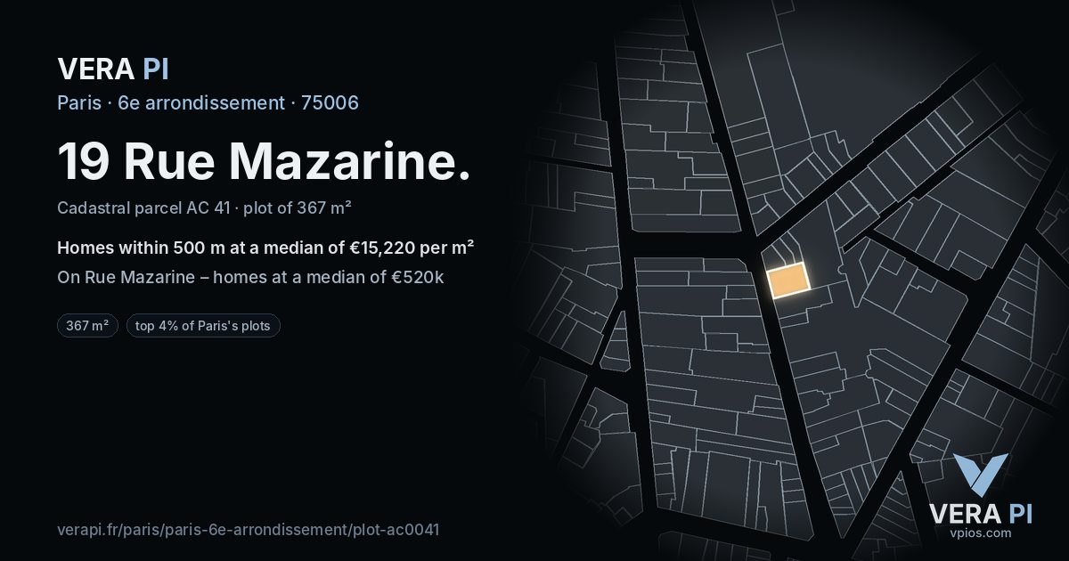 19 Rue Mazarine, 6e arrondissement at night – the plot lit, the parcels around coloured by the prices near them