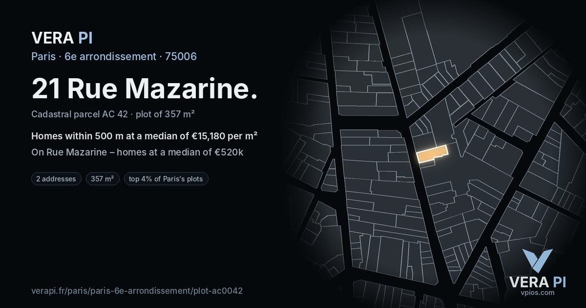 21 Rue Mazarine, 6e arrondissement at night – the plot lit, the parcels around coloured by the prices near them