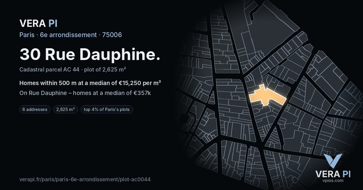 30 Rue Dauphine, 6e arrondissement at night – the plot lit, the parcels around coloured by the prices near them