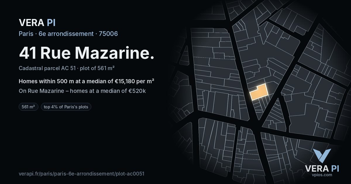 41 Rue Mazarine, 6e arrondissement at night – the plot lit, the parcels around coloured by the prices near them