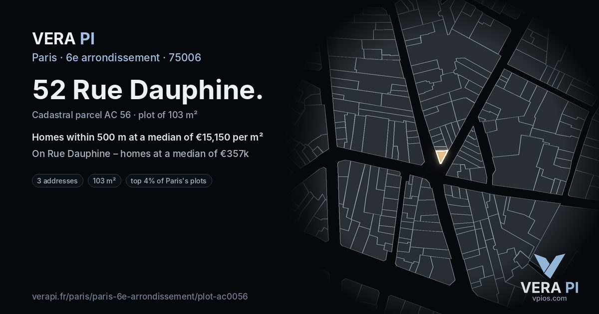 52 Rue Dauphine, 6e arrondissement at night – the plot lit, the parcels around coloured by the prices near them
