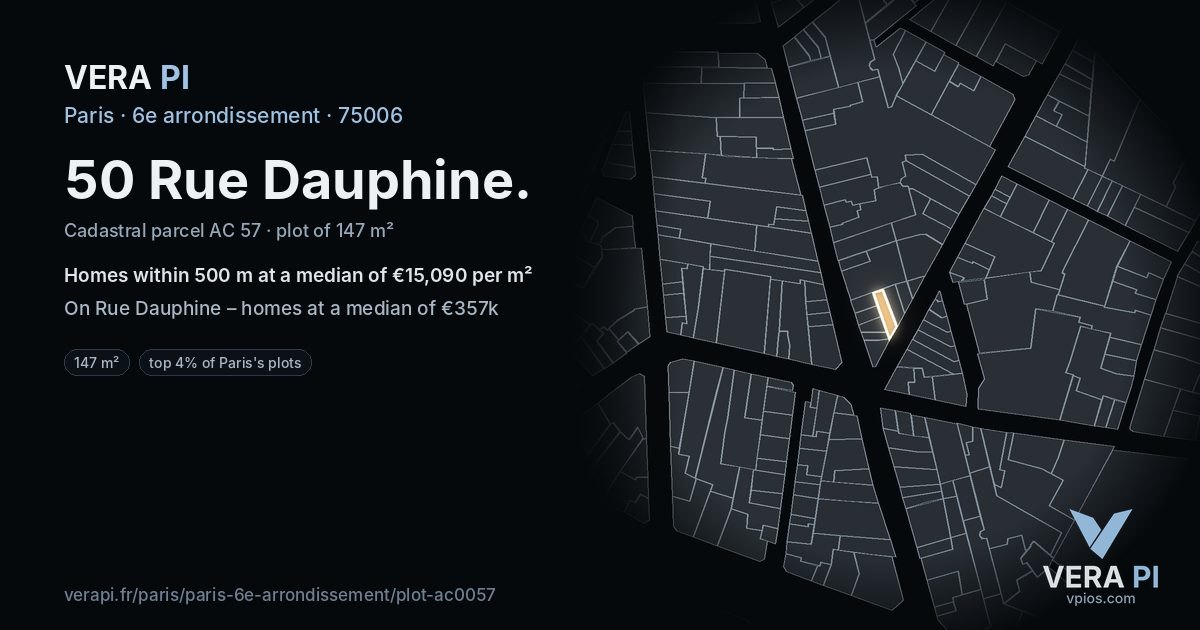 50 Rue Dauphine, 6e arrondissement at night – the plot lit, the parcels around coloured by the prices near them
