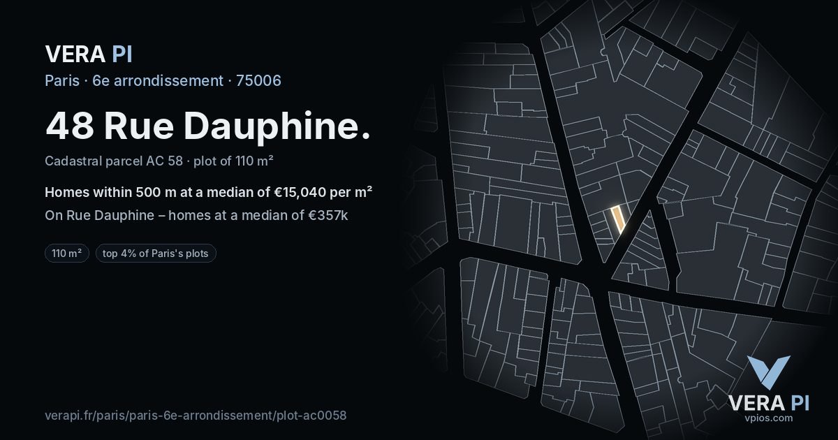 48 Rue Dauphine, 6e arrondissement at night – the plot lit, the parcels around coloured by the prices near them
