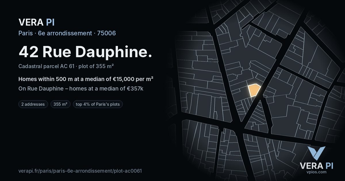 42 Rue Dauphine, 6e arrondissement at night – the plot lit, the parcels around coloured by the prices near them