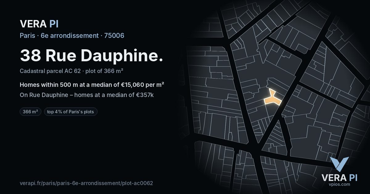 38 Rue Dauphine, 6e arrondissement at night – the plot lit, the parcels around coloured by the prices near them