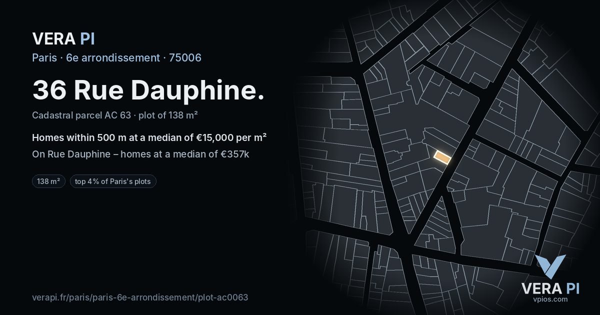 36 Rue Dauphine, 6e arrondissement at night – the plot lit, the parcels around coloured by the prices near them