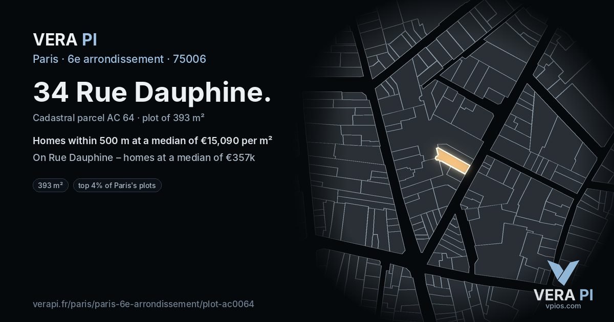 34 Rue Dauphine, 6e arrondissement at night – the plot lit, the parcels around coloured by the prices near them
