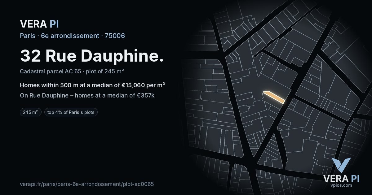 32 Rue Dauphine, 6e arrondissement at night – the plot lit, the parcels around coloured by the prices near them