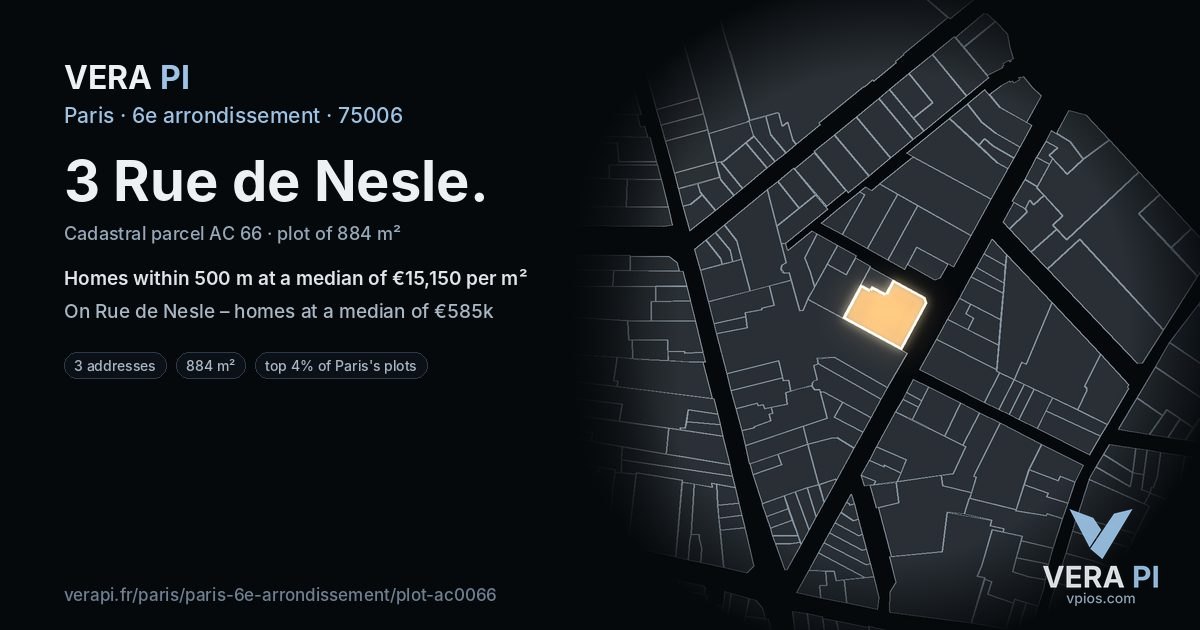 3 Rue de Nesle, 6e arrondissement at night – the plot lit, the parcels around coloured by the prices near them