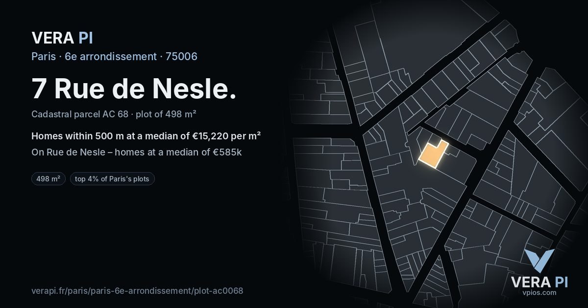 7 Rue de Nesle, 6e arrondissement at night – the plot lit, the parcels around coloured by the prices near them