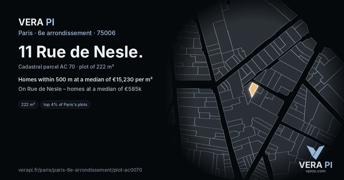 11 Rue de Nesle, 6e arrondissement at night – the plot lit, the parcels around coloured by the prices near them