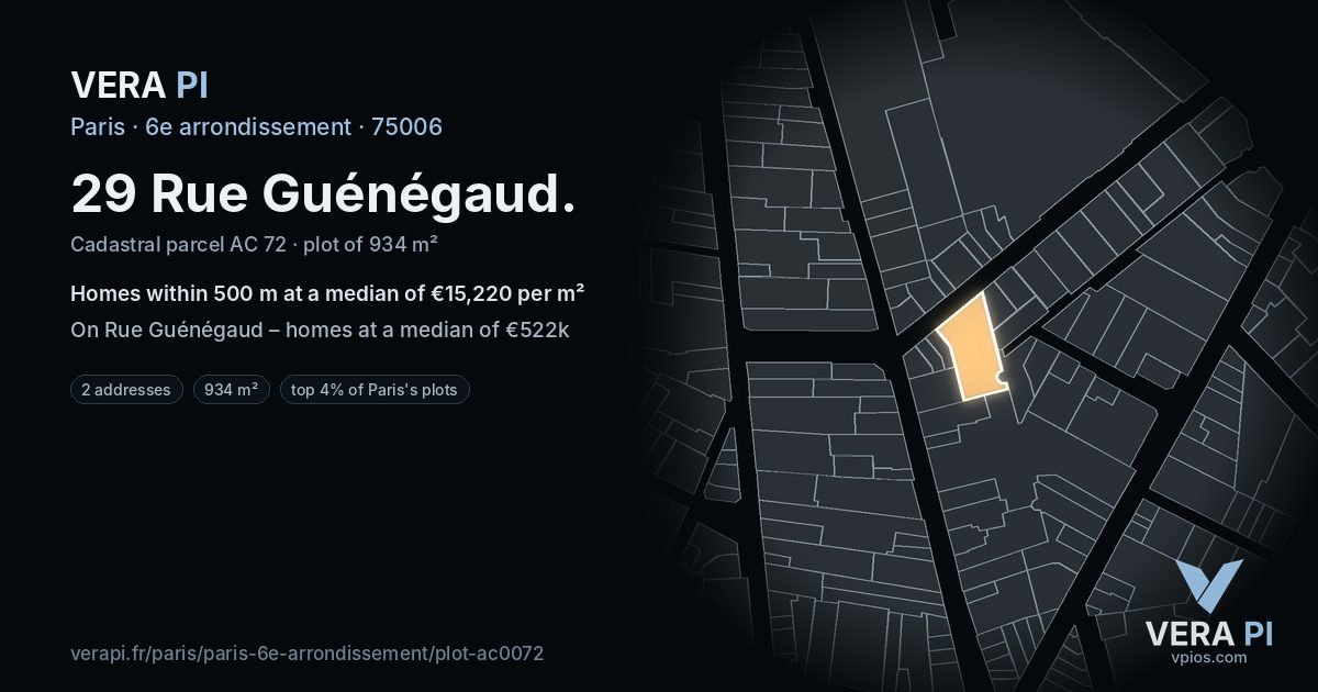 29 Rue Guénégaud, 6e arrondissement at night – the plot lit, the parcels around coloured by the prices near them