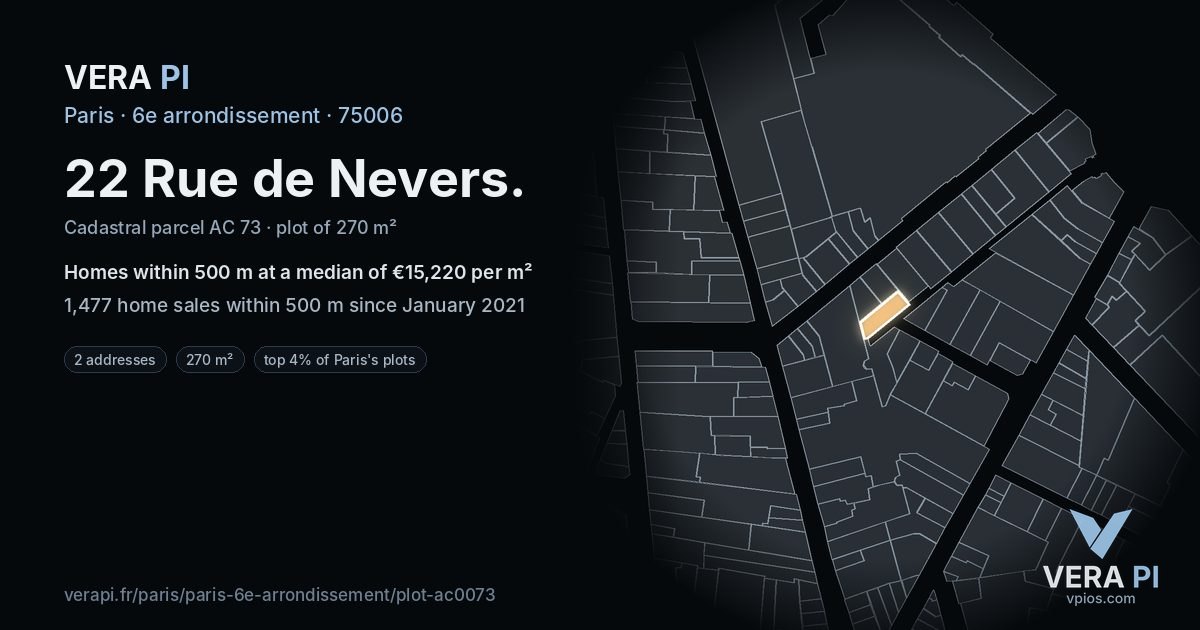 22 Rue de Nevers, 6e arrondissement at night – the plot lit, the parcels around coloured by the prices near them
