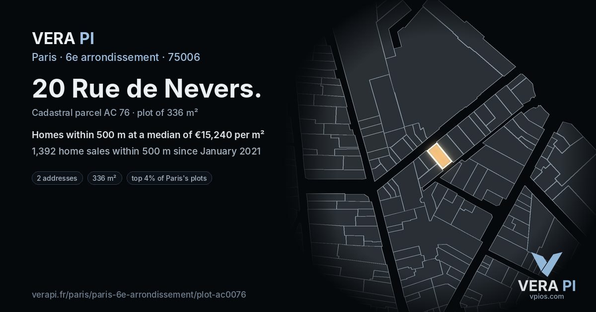 20 Rue de Nevers, 6e arrondissement at night – the plot lit, the parcels around coloured by the prices near them