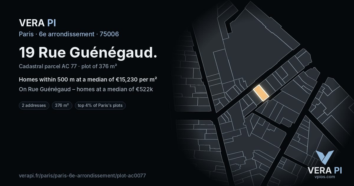 19 Rue Guénégaud, 6e arrondissement at night – the plot lit, the parcels around coloured by the prices near them