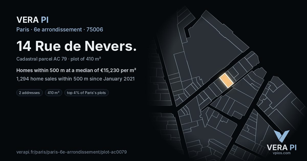 14 Rue de Nevers, 6e arrondissement at night – the plot lit, the parcels around coloured by the prices near them