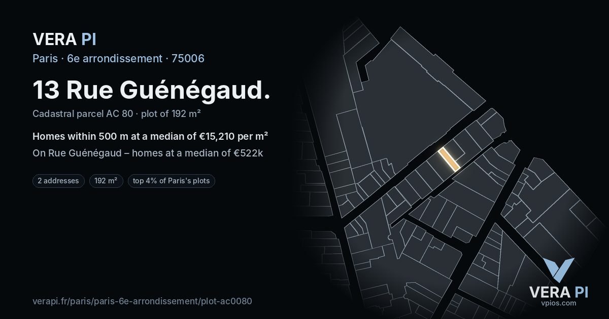 13 Rue Guénégaud, 6e arrondissement at night – the plot lit, the parcels around coloured by the prices near them