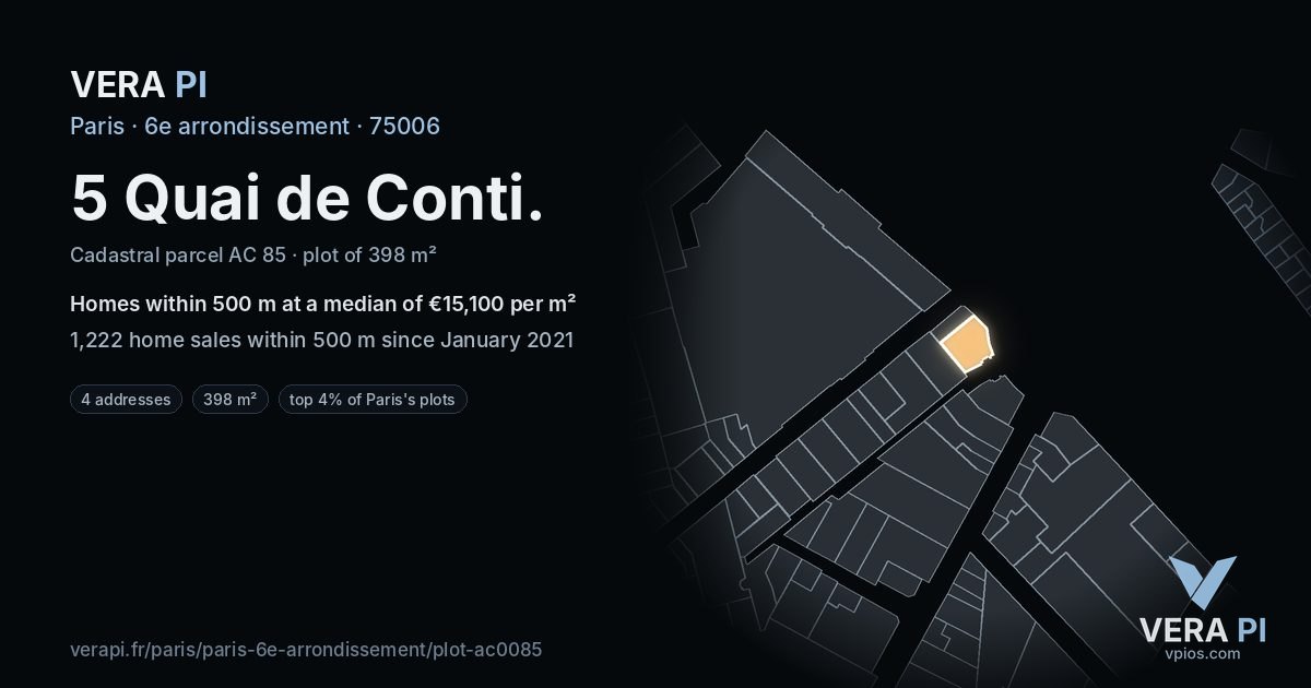 5 Quai de Conti, 6e arrondissement at night – the plot lit, the parcels around coloured by the prices near them