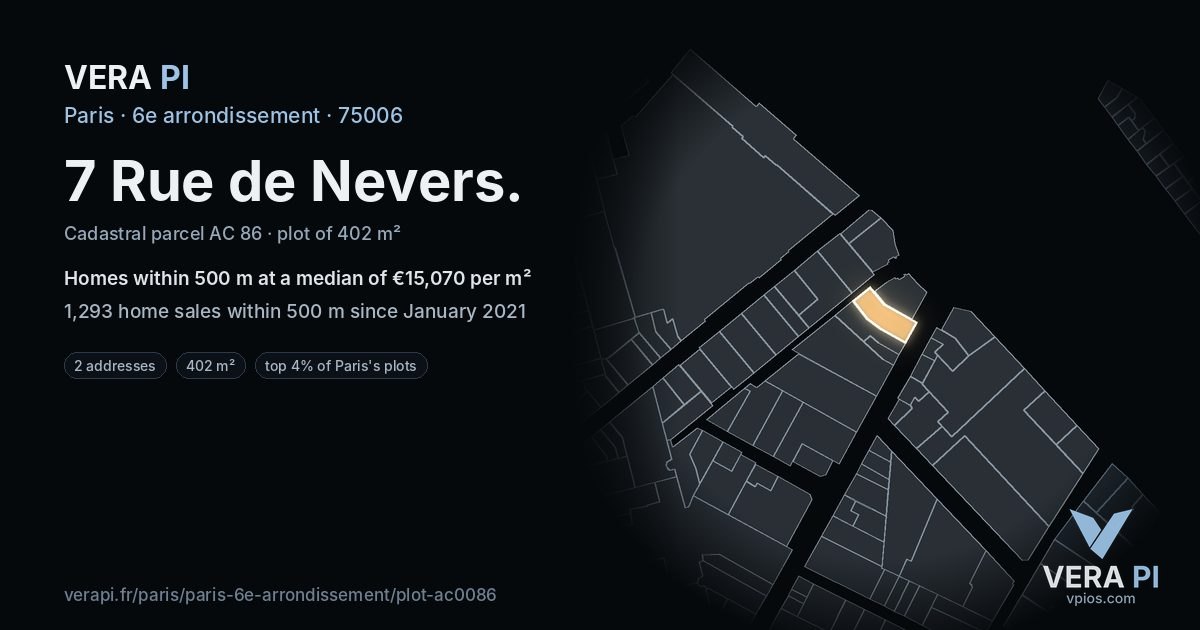 7 Rue de Nevers, 6e arrondissement at night – the plot lit, the parcels around coloured by the prices near them
