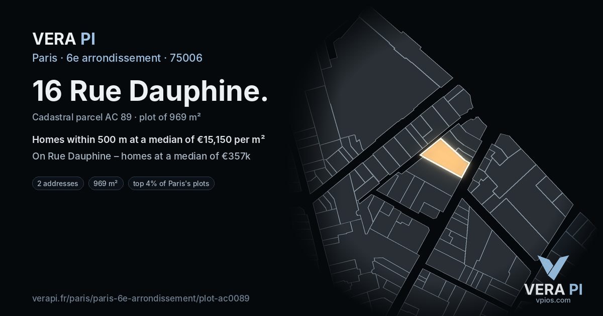 16 Rue Dauphine, 6e arrondissement at night – the plot lit, the parcels around coloured by the prices near them