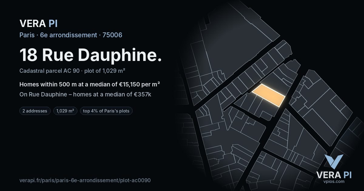 18 Rue Dauphine, 6e arrondissement at night – the plot lit, the parcels around coloured by the prices near them