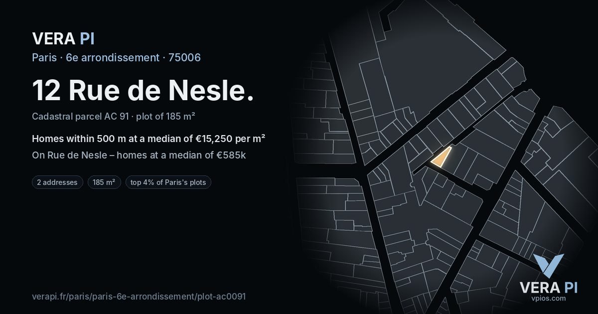 12 Rue de Nesle, 6e arrondissement at night – the plot lit, the parcels around coloured by the prices near them
