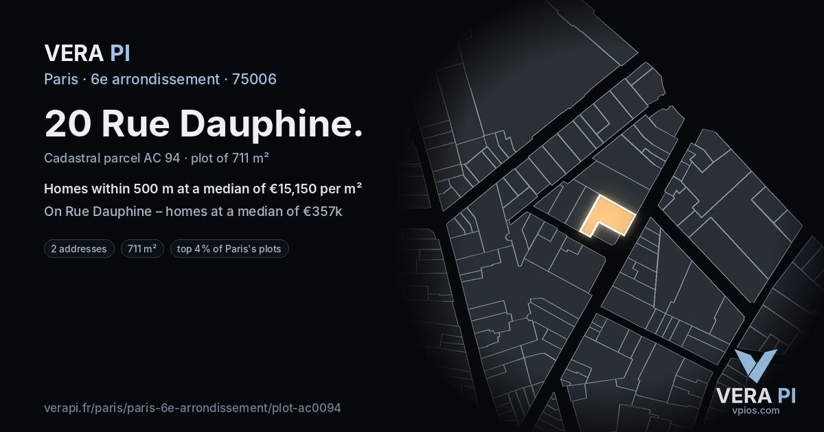 20 Rue Dauphine, 6e arrondissement at night – the plot lit, the parcels around coloured by the prices near them