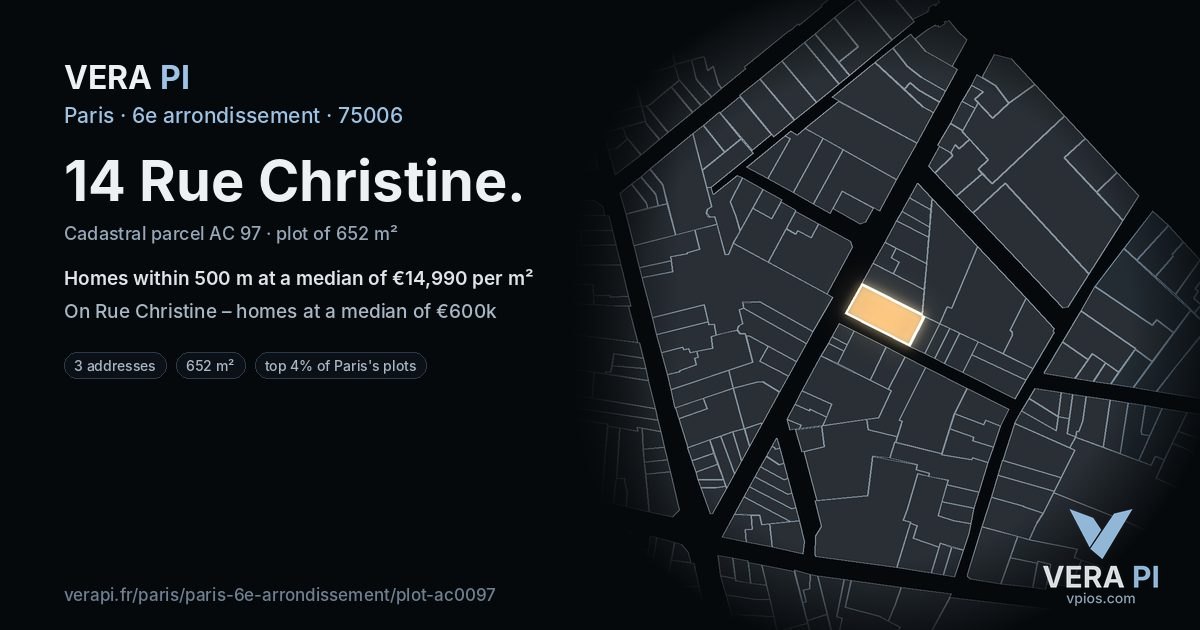 14 Rue Christine, 6e arrondissement at night – the plot lit, the parcels around coloured by the prices near them