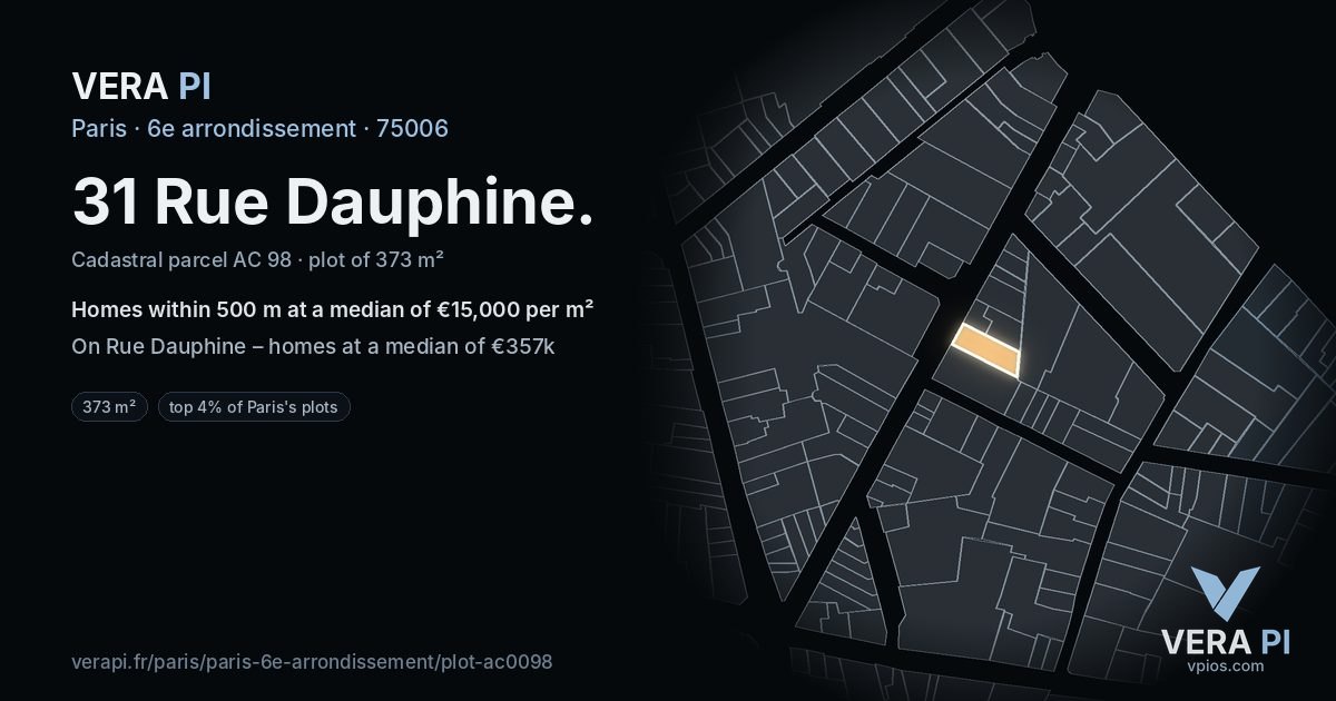 31 Rue Dauphine, 6e arrondissement at night – the plot lit, the parcels around coloured by the prices near them