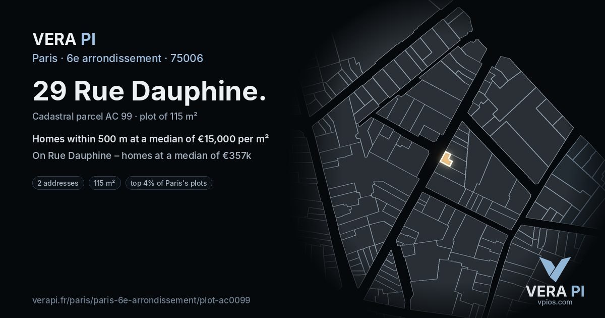 29 Rue Dauphine, 6e arrondissement at night – the plot lit, the parcels around coloured by the prices near them